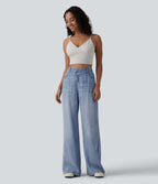 Jean large décontracté asymétrique en lyocell taille mi-haute drapé avec poches