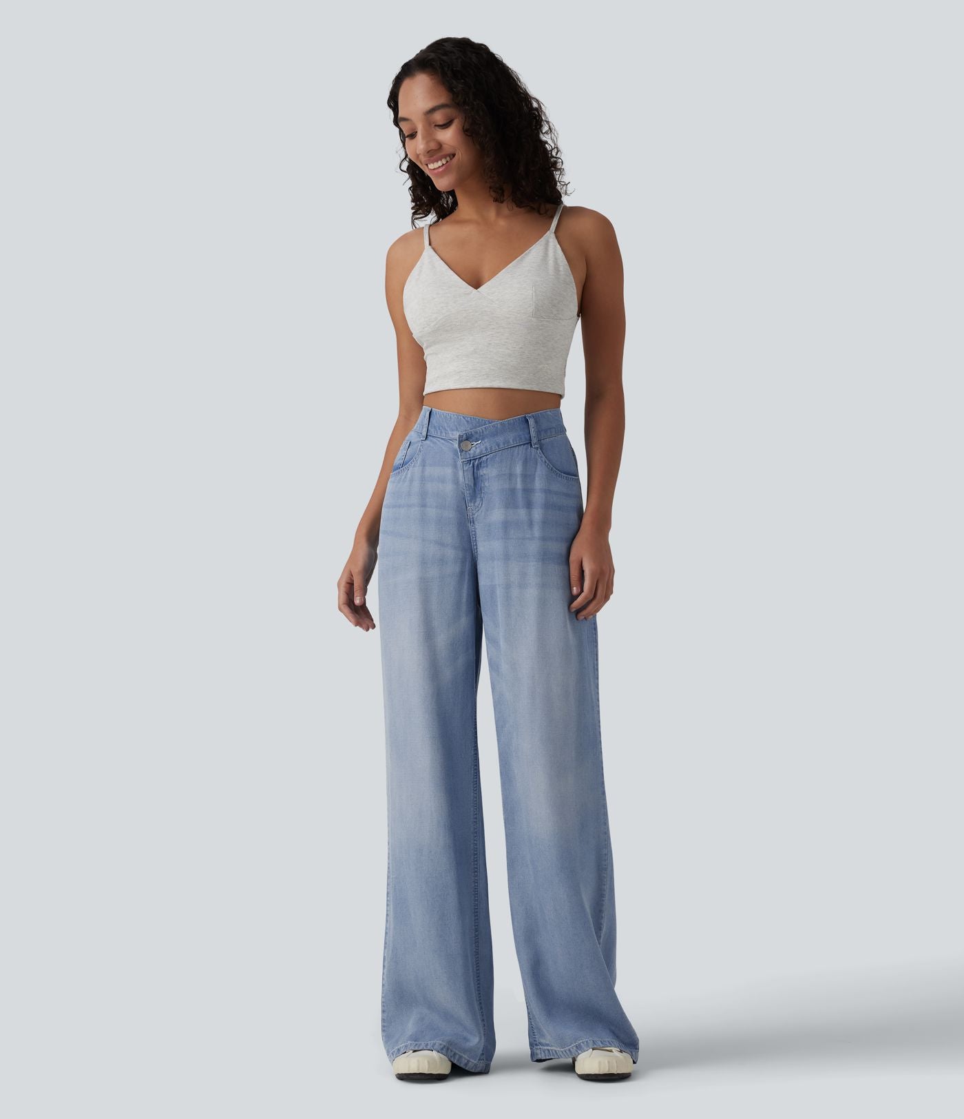 Jean large décontracté asymétrique en lyocell taille mi-haute drapé avec poches