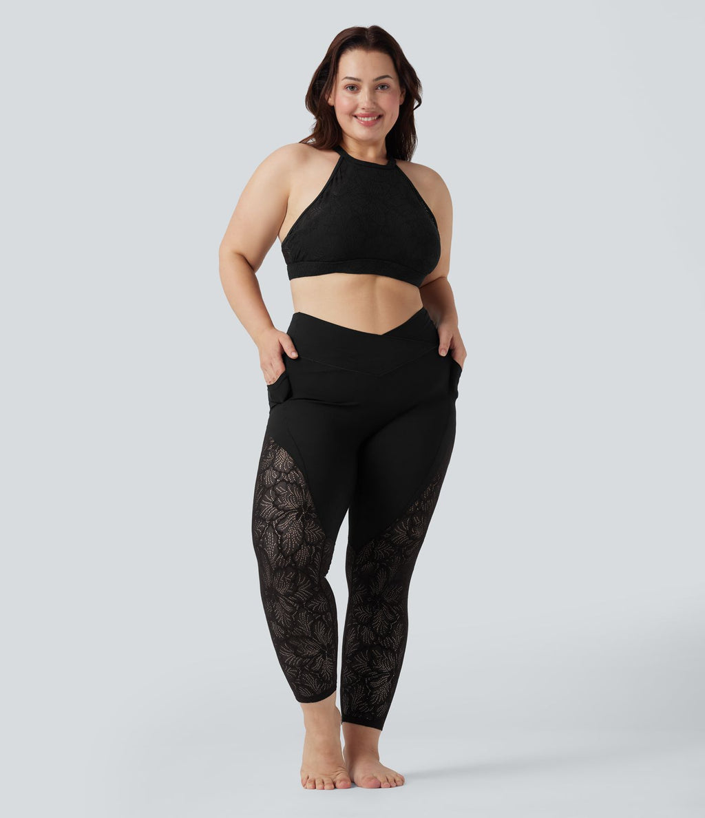 Leggings yoga 7/8 grande taille SoftlyZero™ taille haute croisé dentelle contrastante avec poches - UPF50+