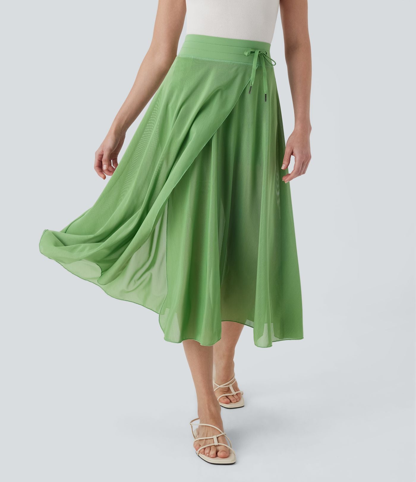 Jupe Casual Évasée Mesh Mi-Longue Fuide 2 en 1 Contrastée Taille Haute Cordon Poche Latérale