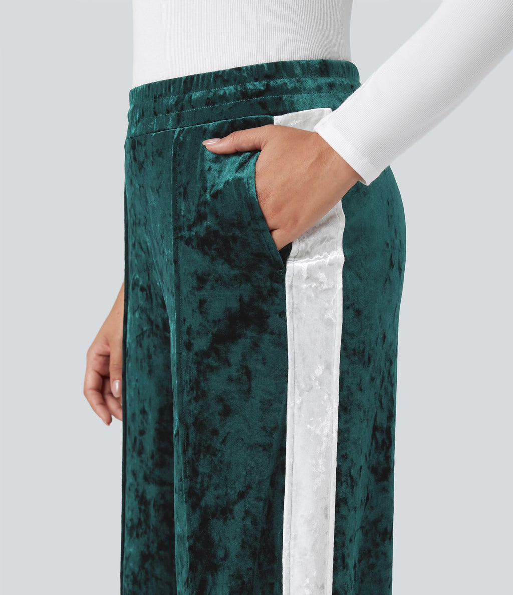 Pantalon velours coupe droite color block taille mi-haute avec cordon de serrage et poches