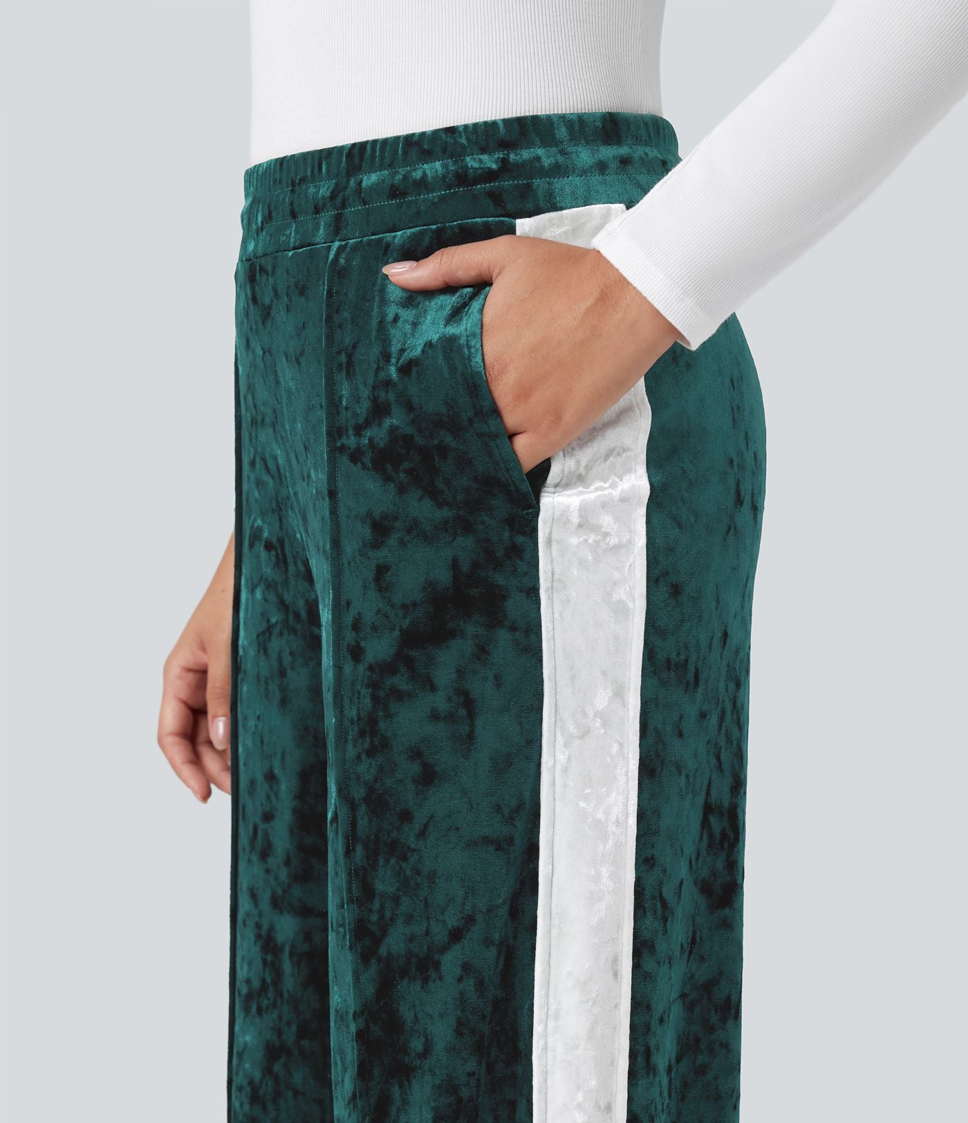 Pantalon velours coupe droite color block taille mi-haute avec cordon de serrage et poches