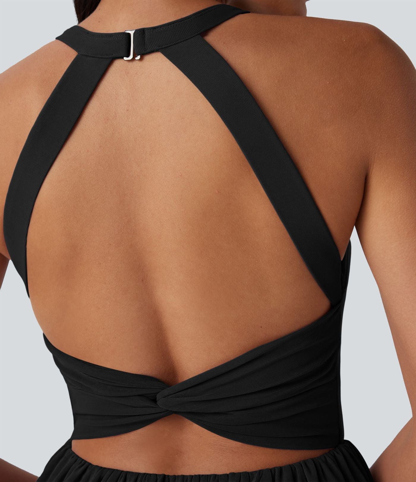 Robe de danse courte 2-en-1 dos nu torsadée résille avec poche latérale