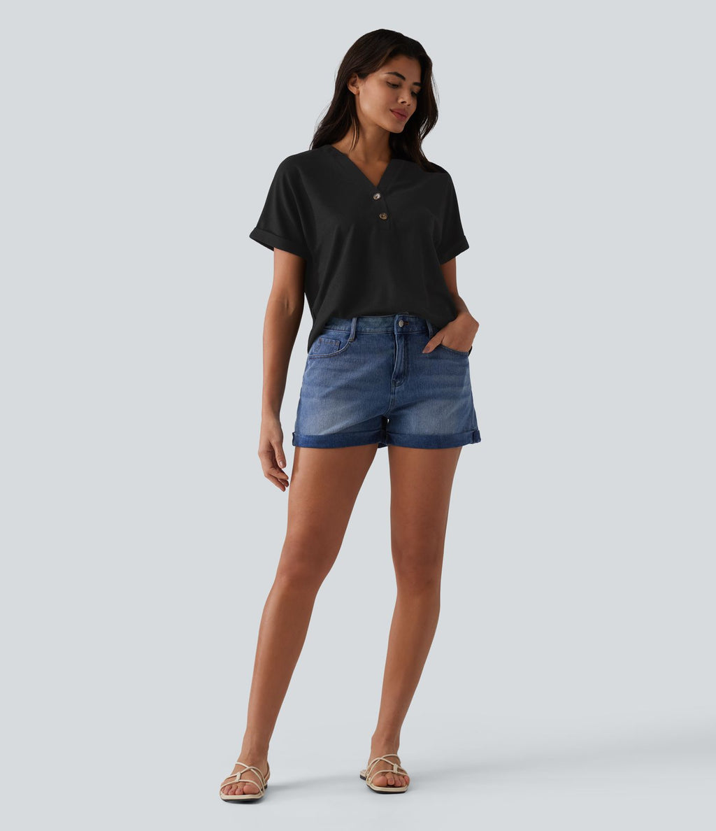 T-shirt casual en tissu gaufré col V à manches chauve-souris et boutons