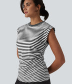 T-shirt casual en maille côtelée rayé col rond à manches courtes