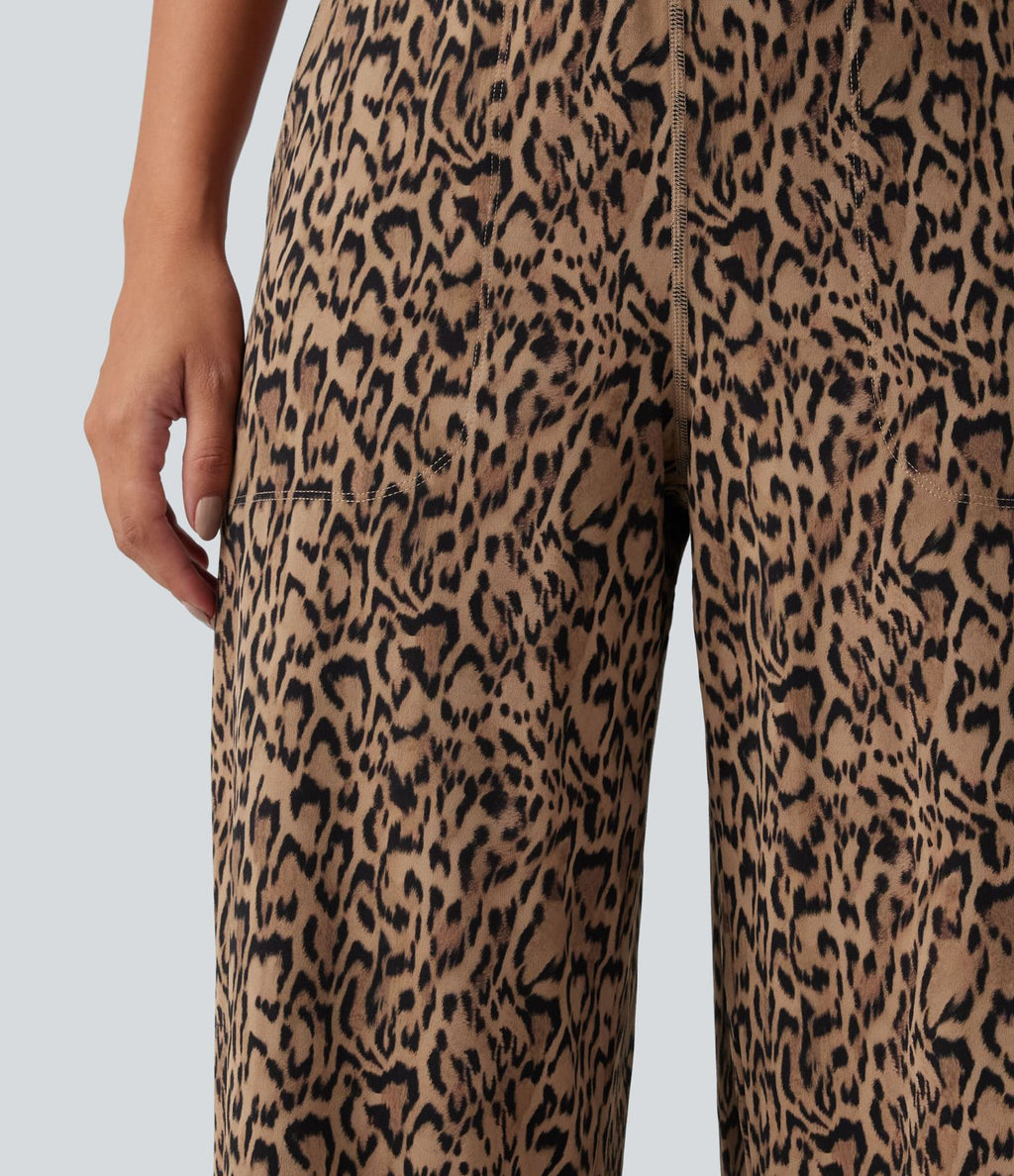 Pantalon de yoga droit taille haute Halara UltraSculpt™ léopard avec dentelle contrastée et poches