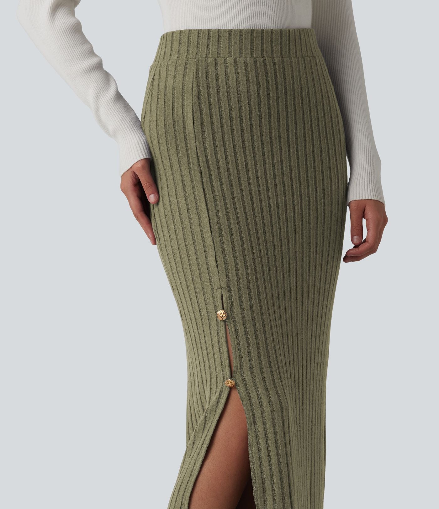Jupe midi de bureau taille haute en maille côtelée