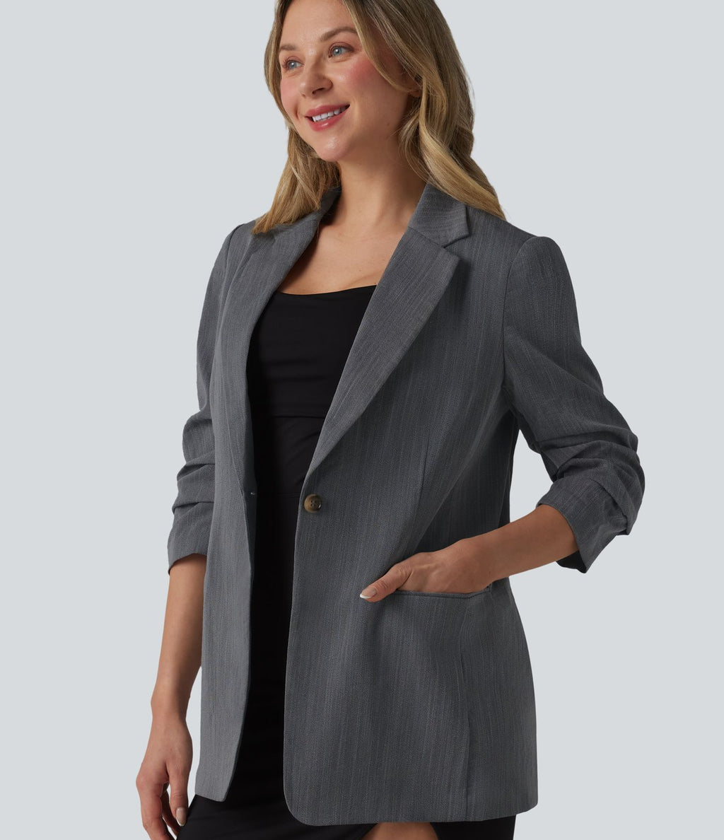 Blazer à manches 3/4 froncées, aspect lin, avec poches, idéal pour le bureau