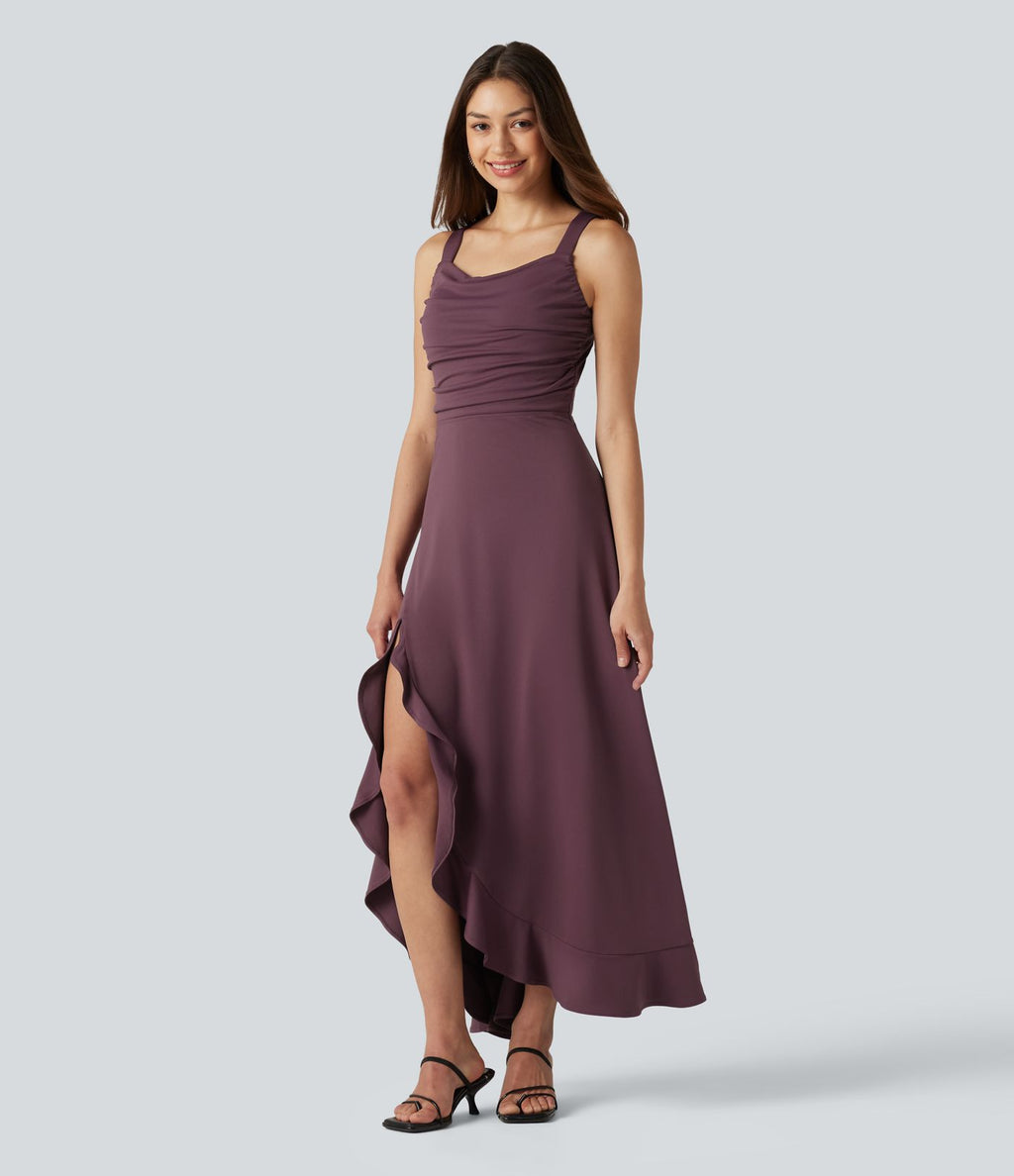 Robe mi-longue fluide de soirée dos nu croisé avec fente, ourlet à volants et soutien-gorge intégré