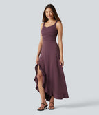Robe mi-longue fluide de soirée dos nu croisé avec fente, ourlet à volants et soutien-gorge intégré