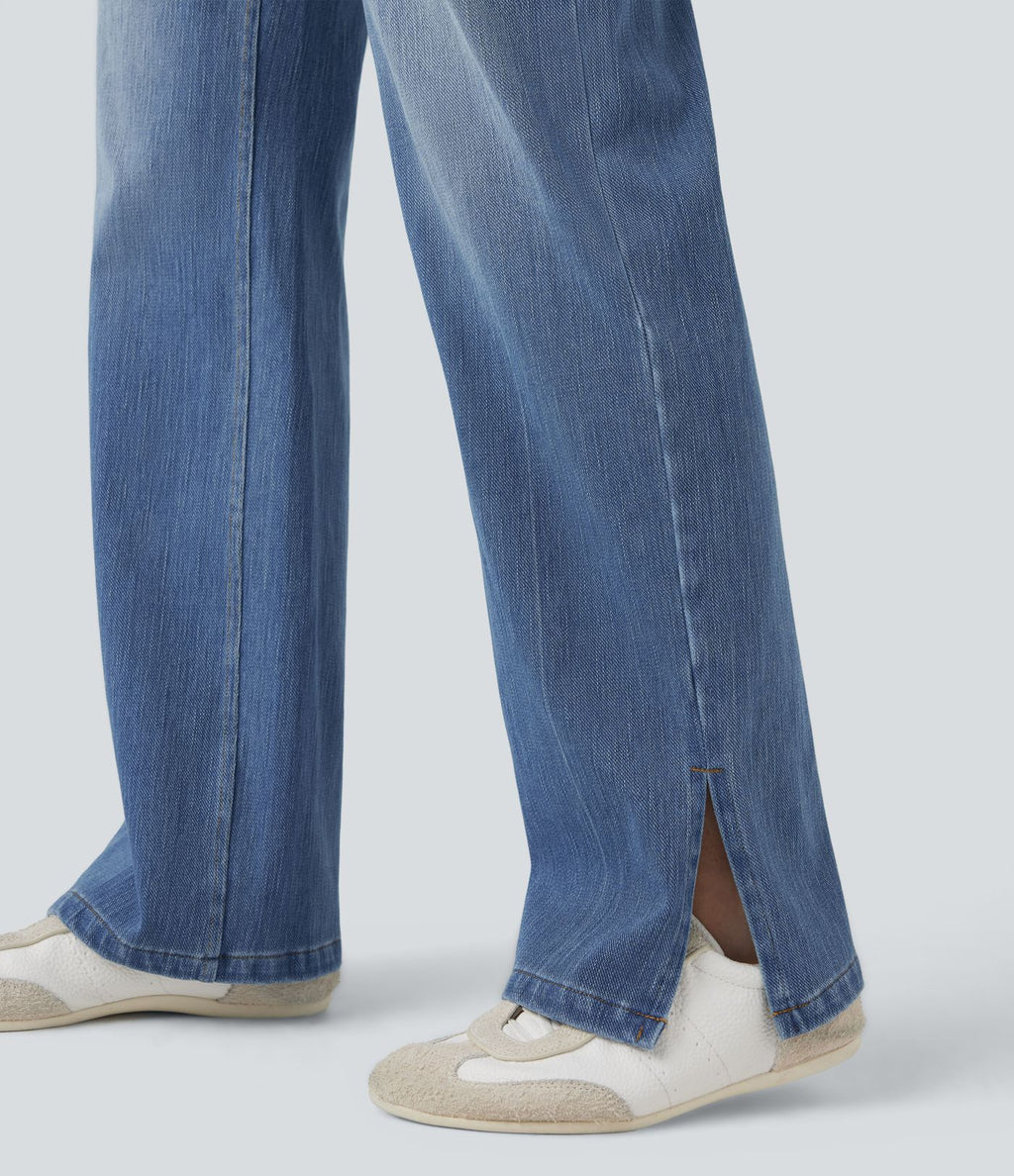 Jean droit délavé Halara Flex™ taille haute avec fente et poches