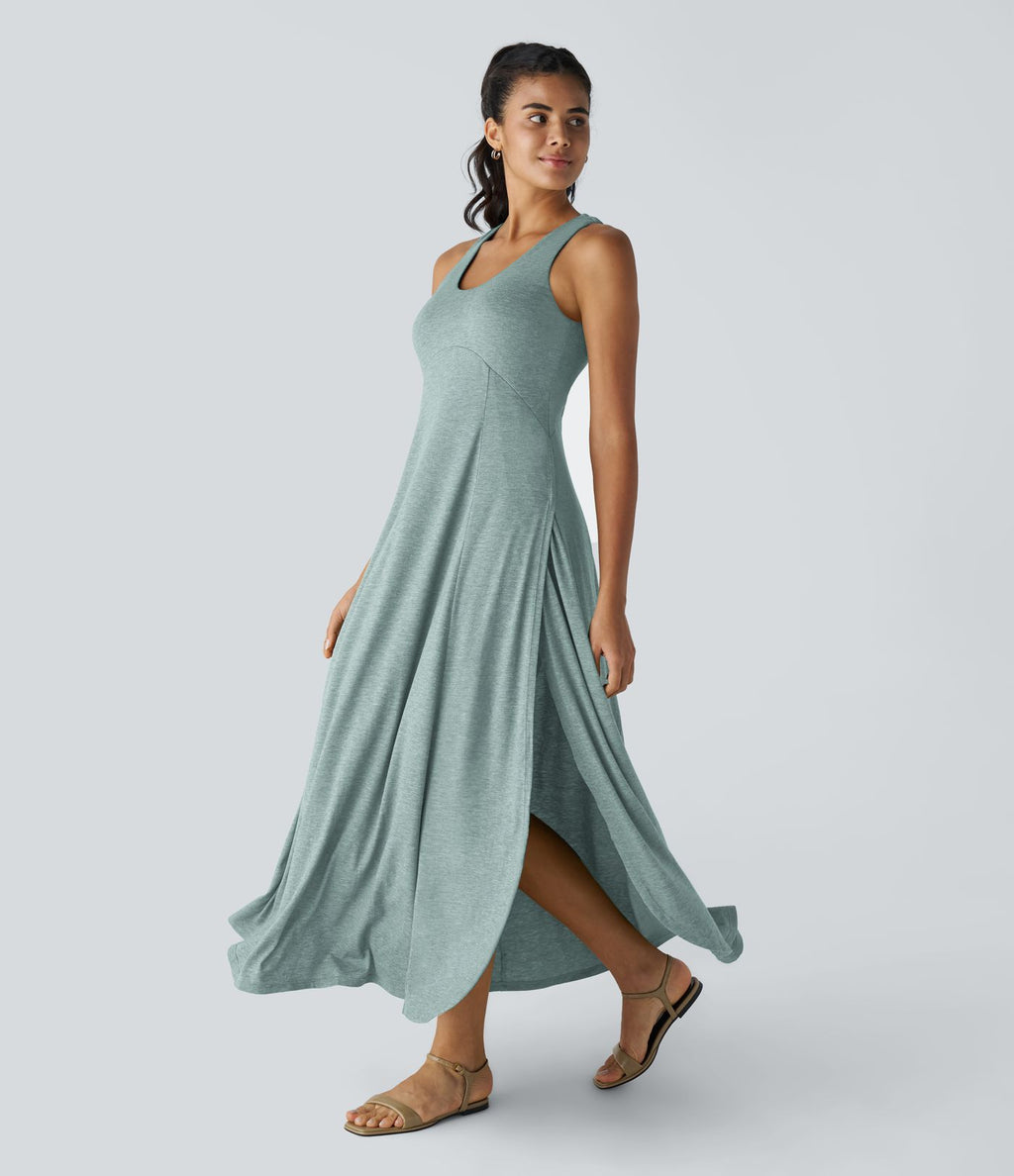 Robe Casual Débardeur Longue Fluide Fendue Dos Nu à Col en U