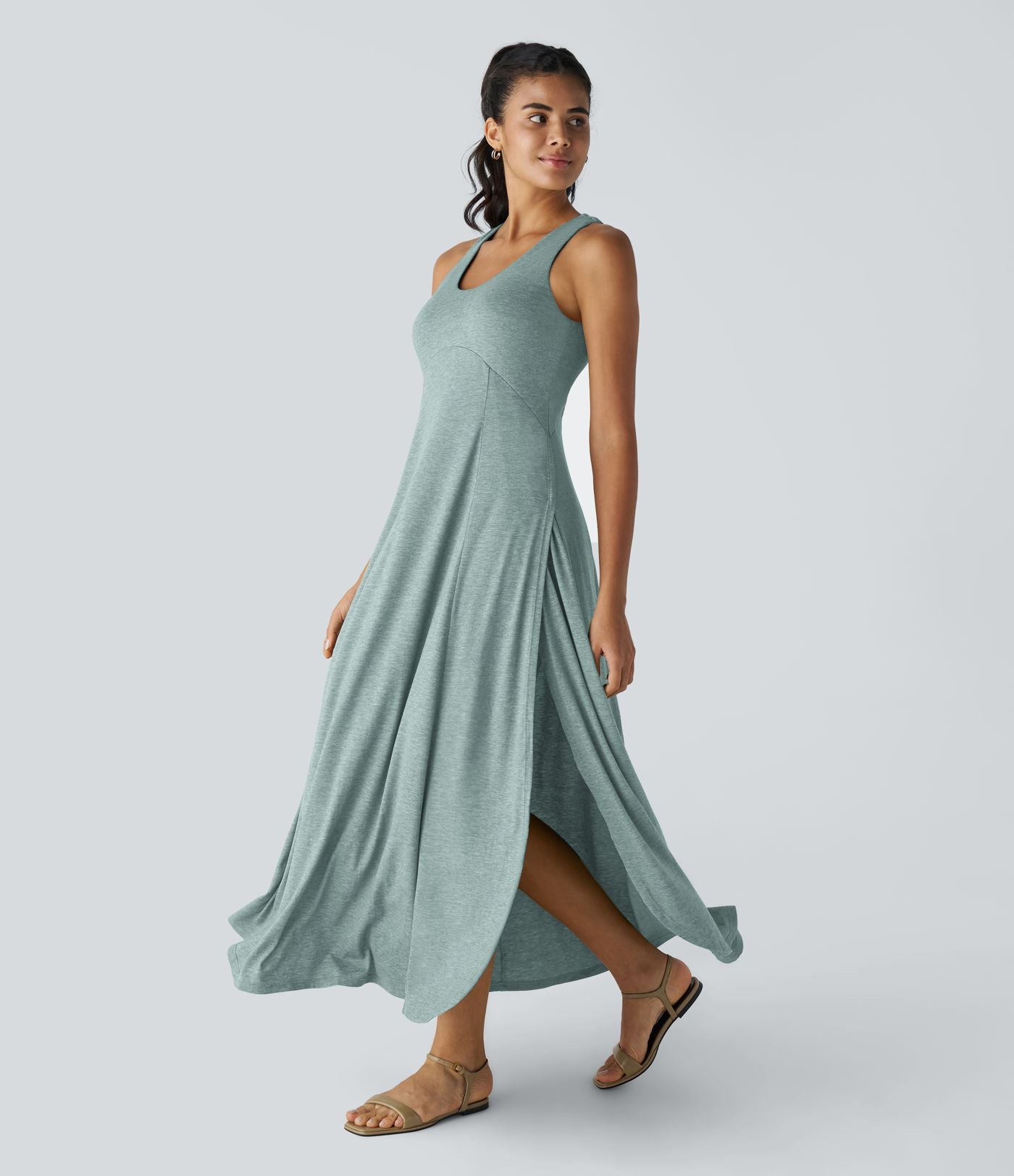 Robe Casual Débardeur Longue Fluide Fendue Dos Nu à Col en U