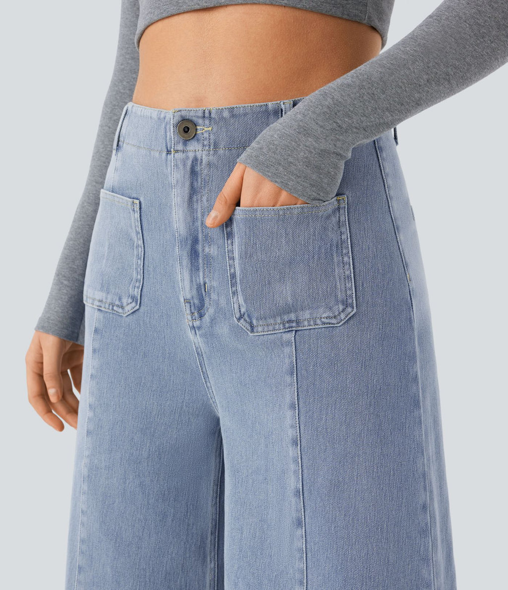 Halara Flex™ Jean large Palazzo et Taille Haute avec Poches Avant en Tricot Extensible Lavé