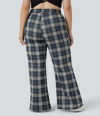 Pantalon Large Casual Taille Haute Carreaux Grande Taille
