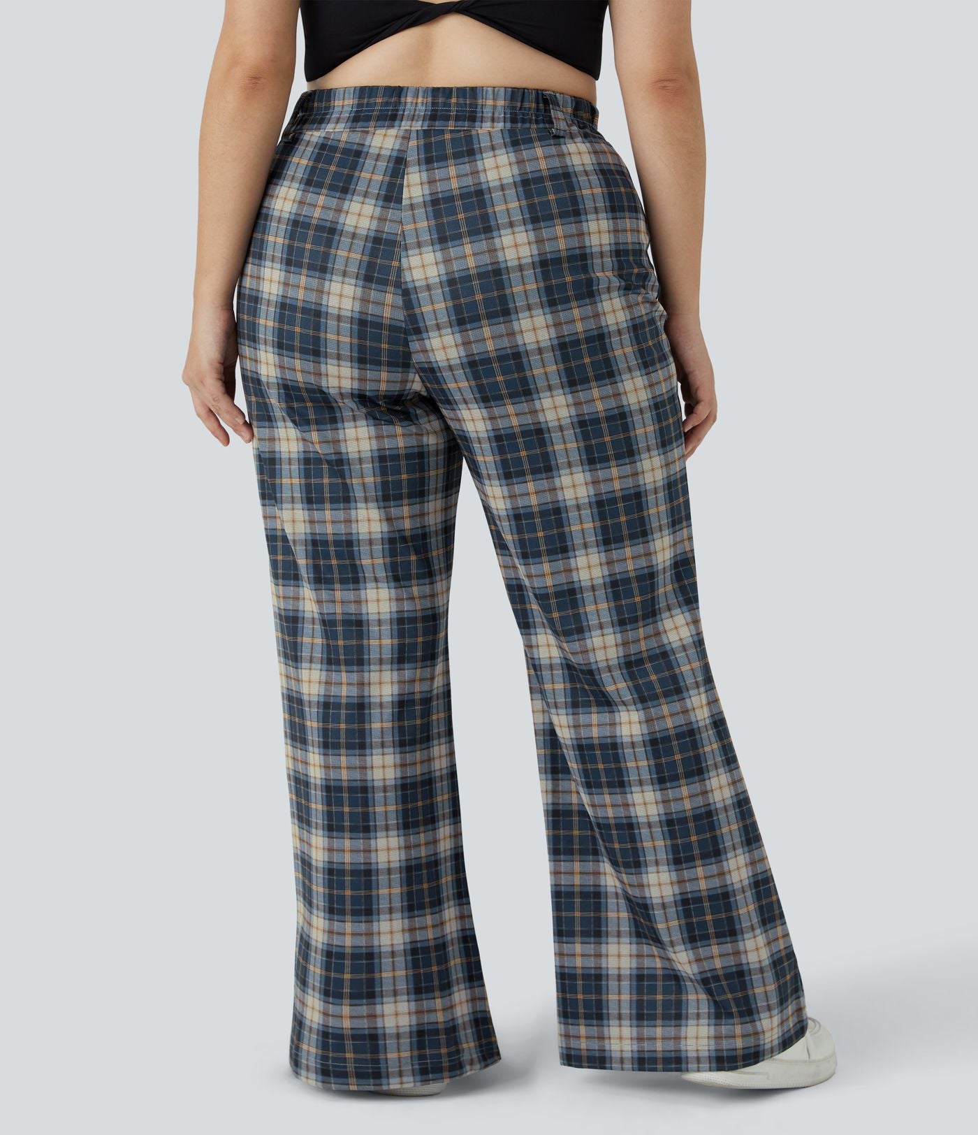 Pantalon Large Casual Taille Haute Carreaux Grande Taille