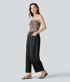 Pantalon décontracté coupe barrel taille haute avec poches