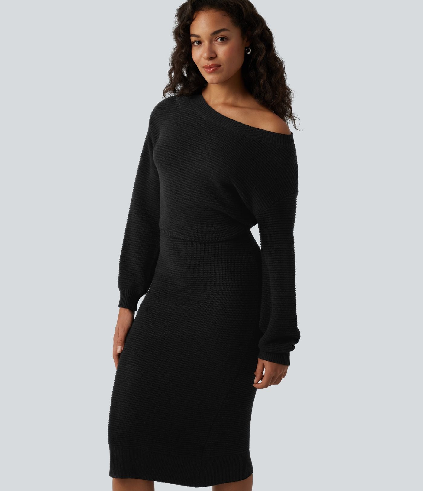 Robe pull midi casual asymétrique une épaule à manches longues