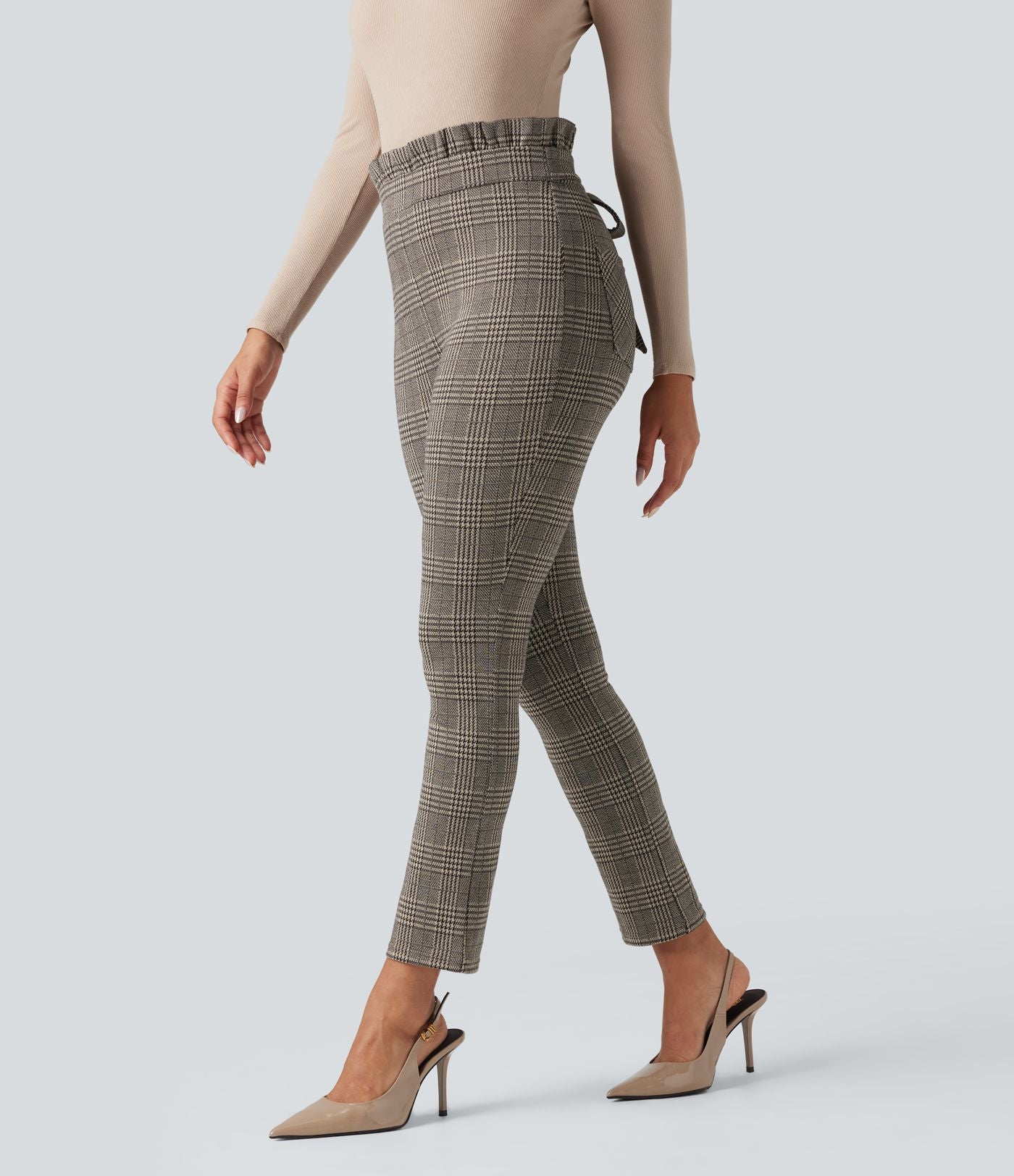 Pantalon tailleur skinny Halara Flex™ paper bag pied-de-poule carreaux taille haute à nœud avec poches