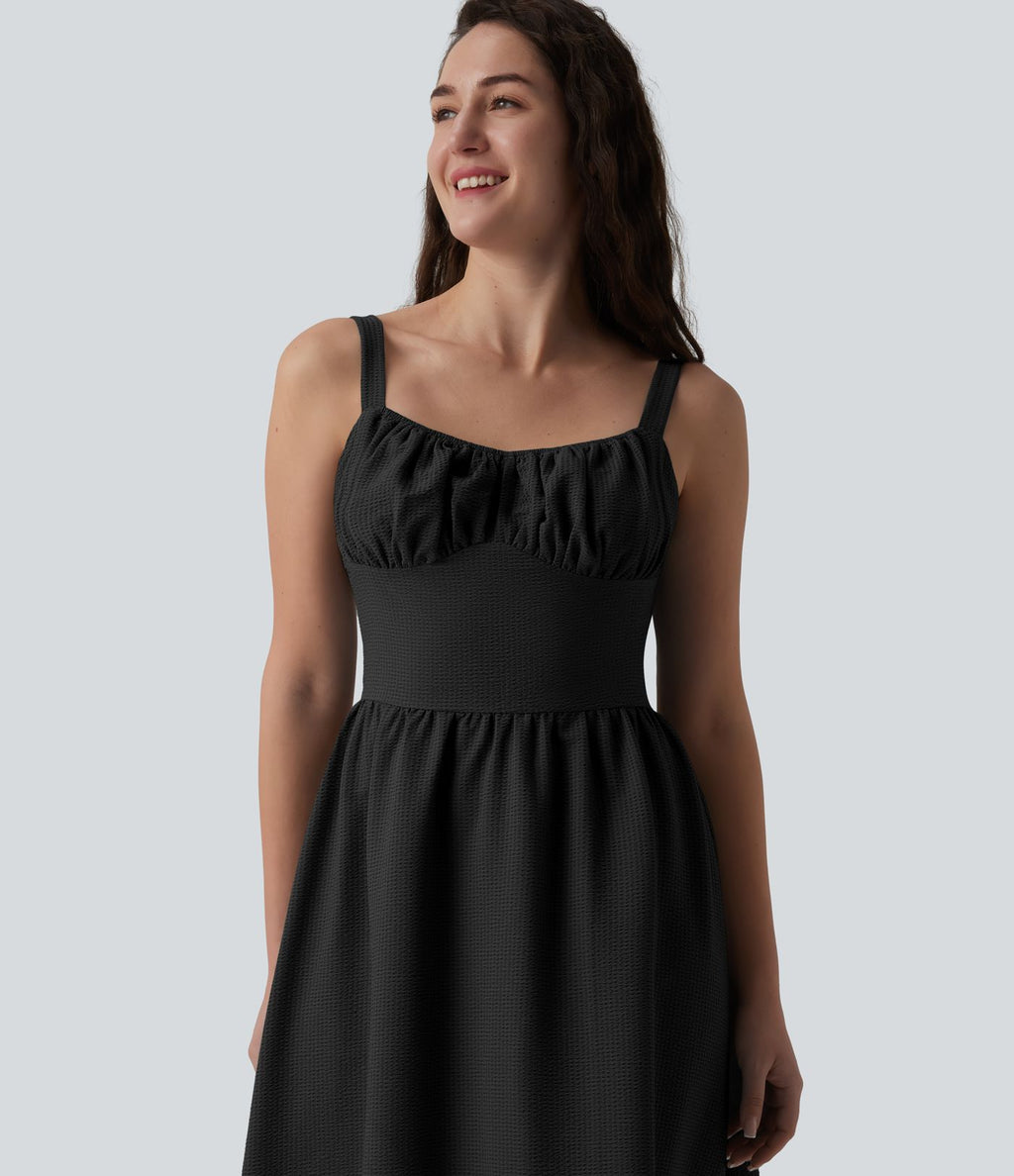 Robe fluide casual mi-longue texturée froncée et smockée