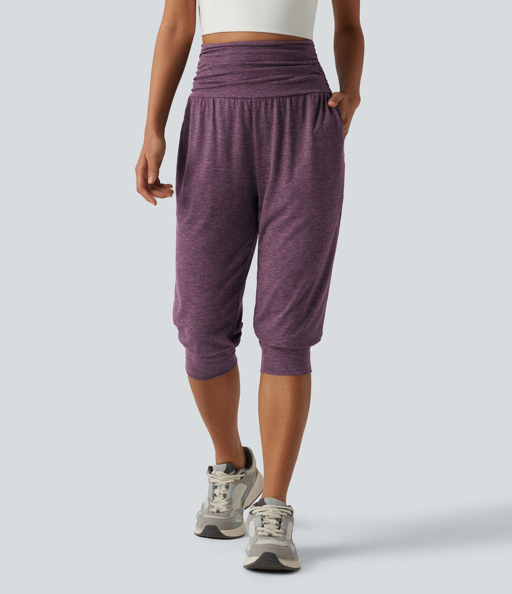 Jogging yoga corsaire chiné taille haute à fronces avec poches