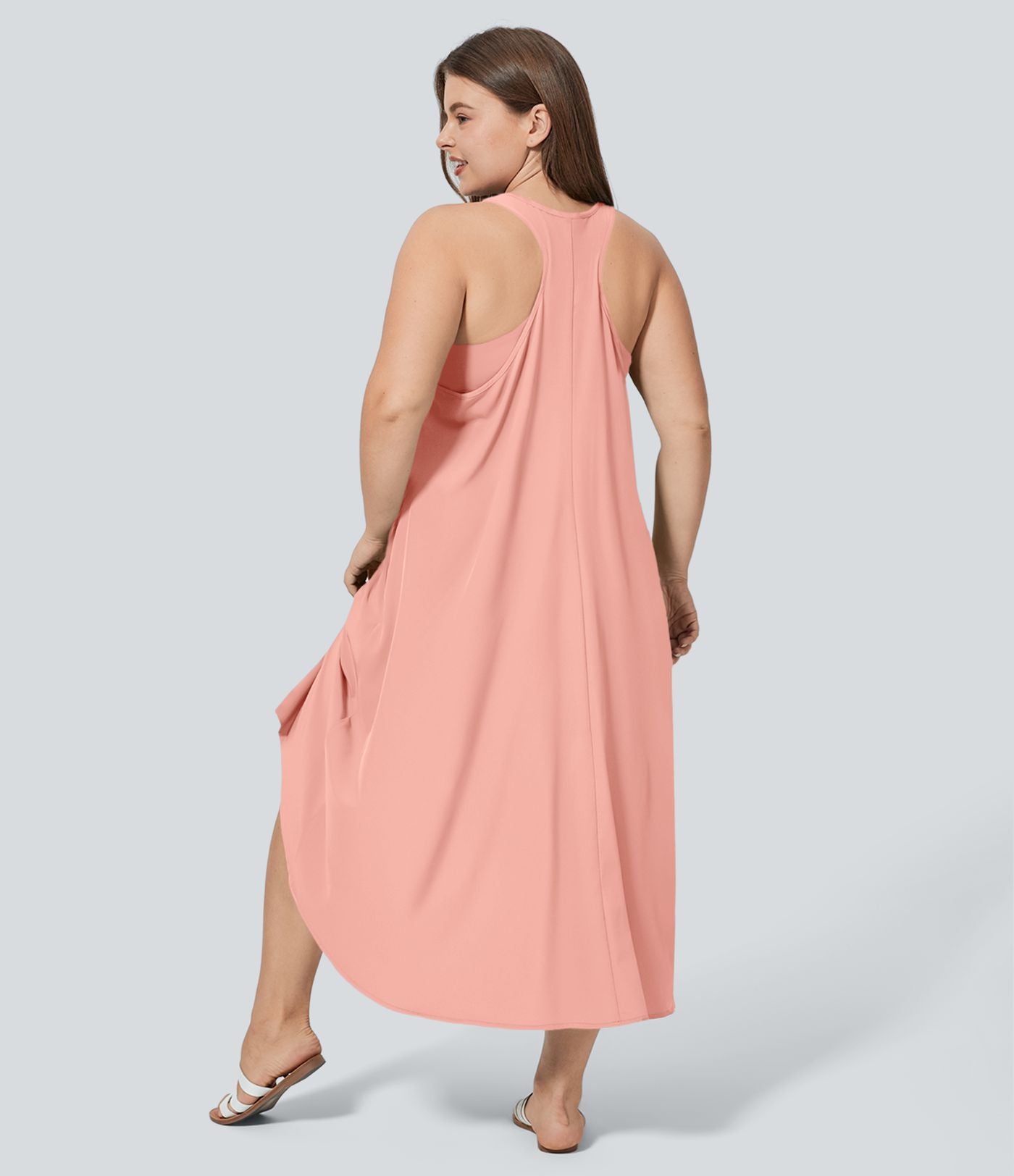 Breezeful™ Dos Nu Racerback Poche Latérale Haut Bas Fluide Midi Séchage Rapide Décontracté Robe Grande Taille