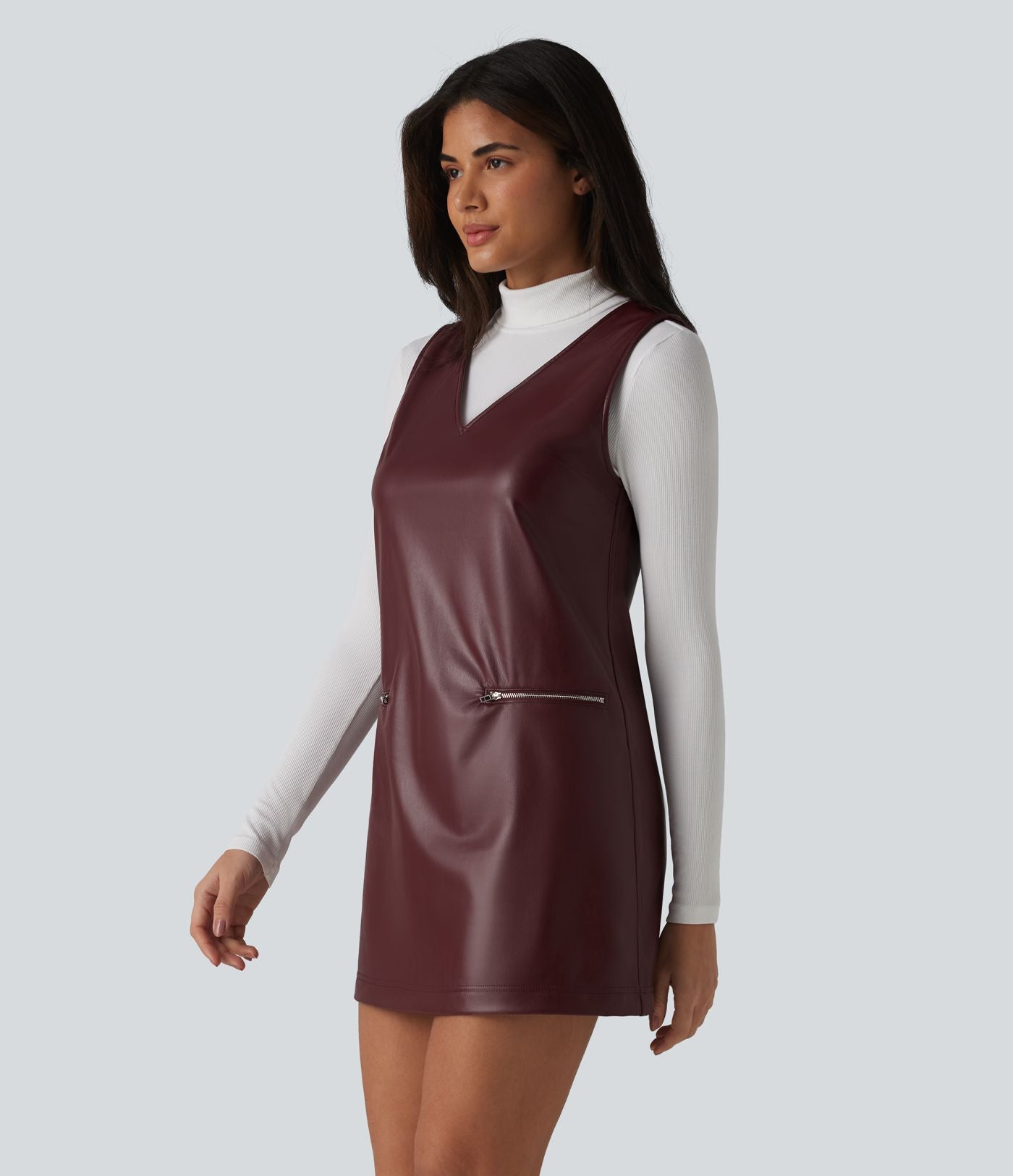 Robe de travail mini sans manches à col en V en polaire PU extensible avec poches