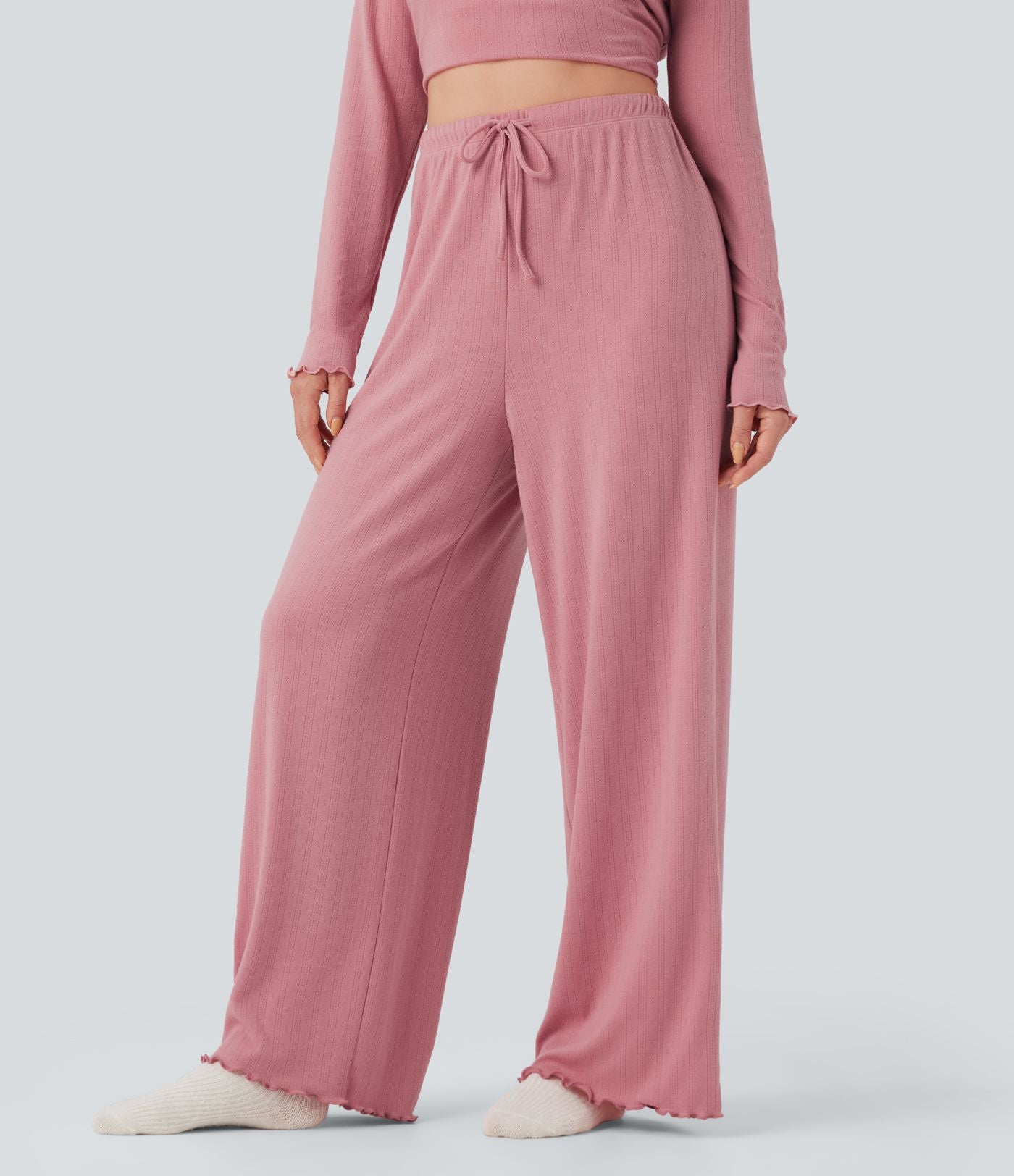 Pantalon détente taille haute coupe droite finitions plissées pointelle avec cordon de serrage