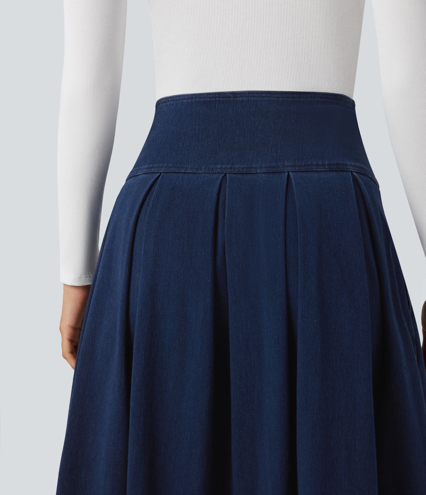 Jupe mi-longue décontractée plissée gainante taille haute effet denim avec poches Halara Flex™