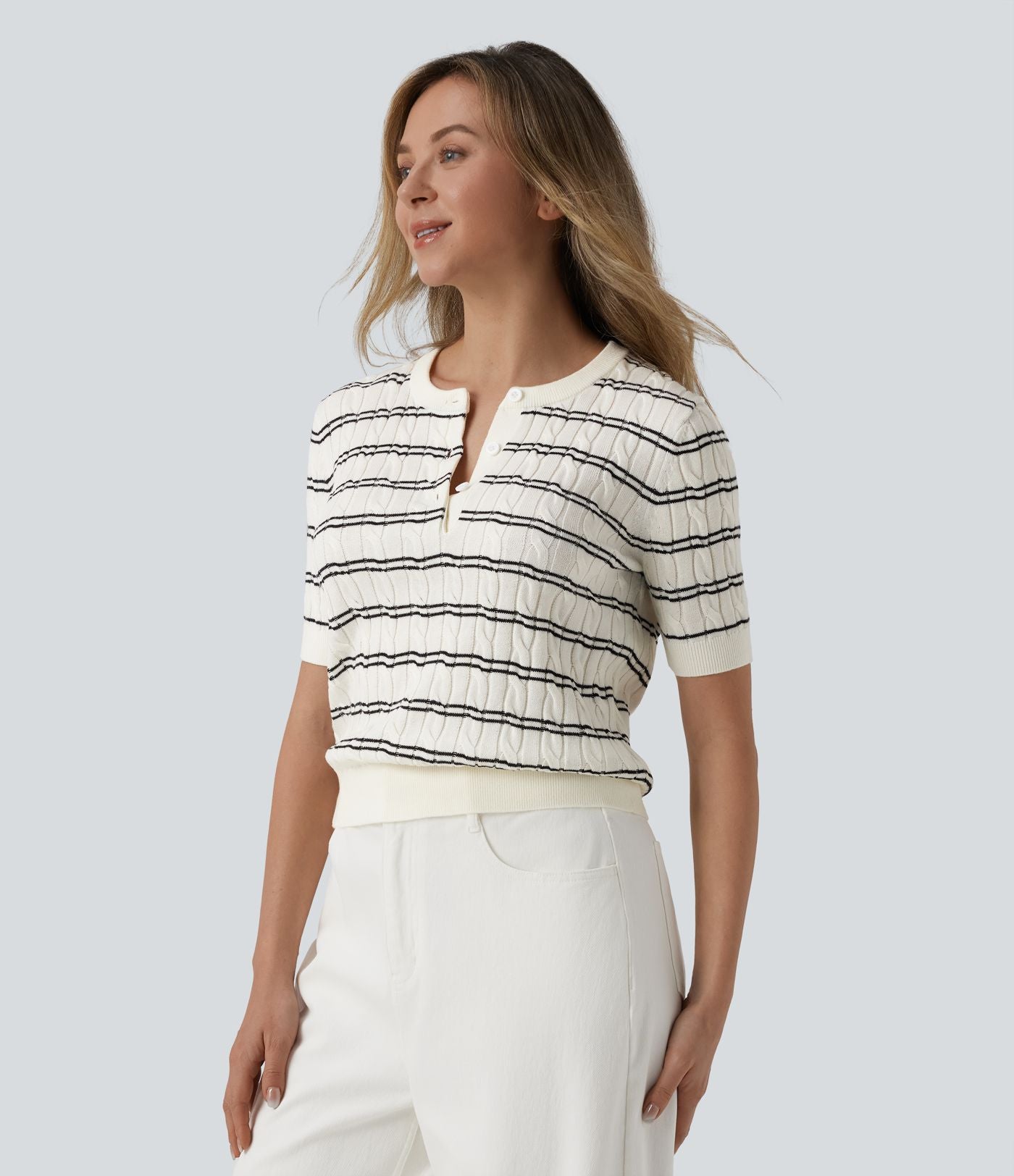 Pull de travail col Henley manches courtes rayé