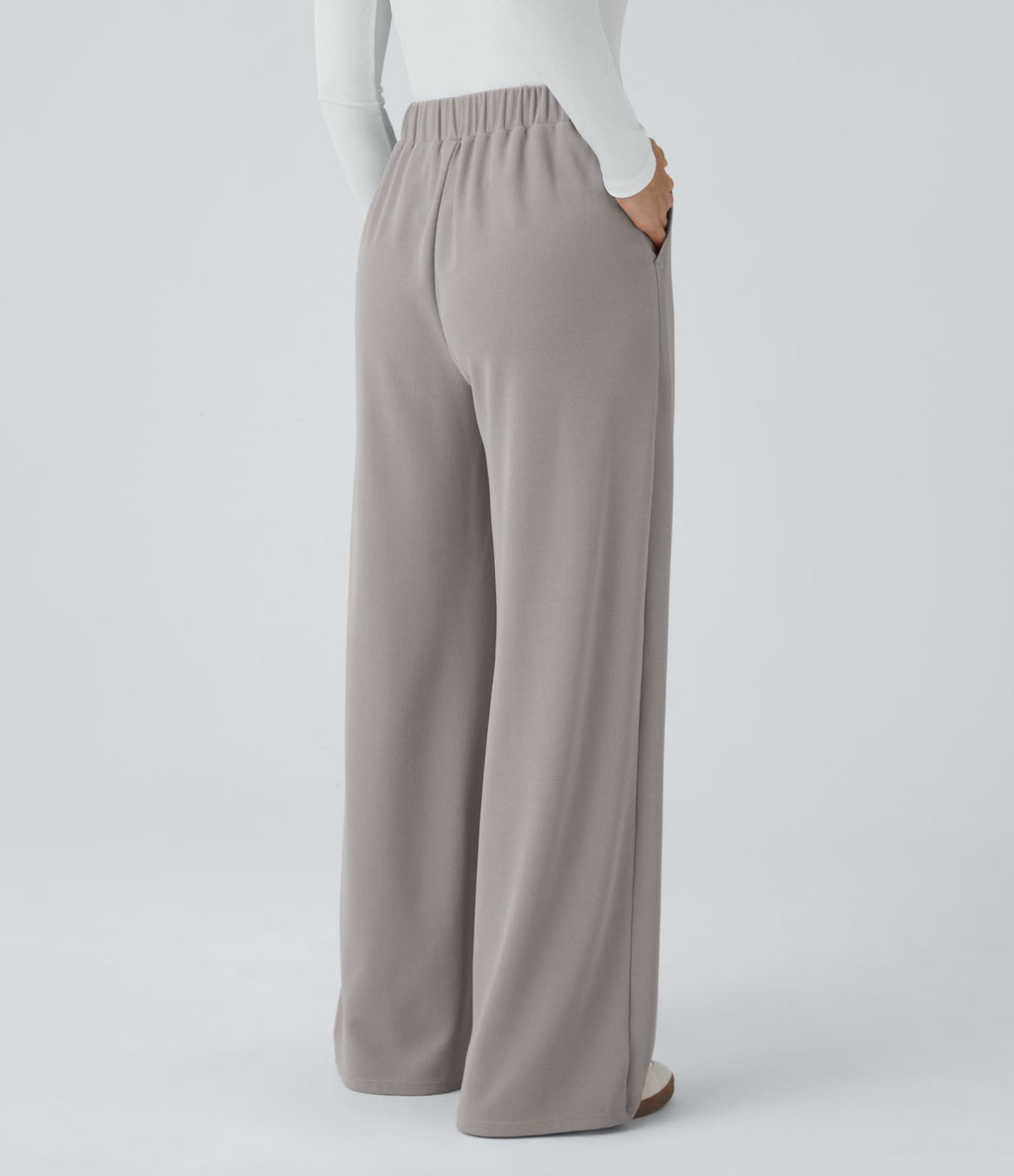 Pantalon taille haute décontracté large en maille gaufrée, avec poches