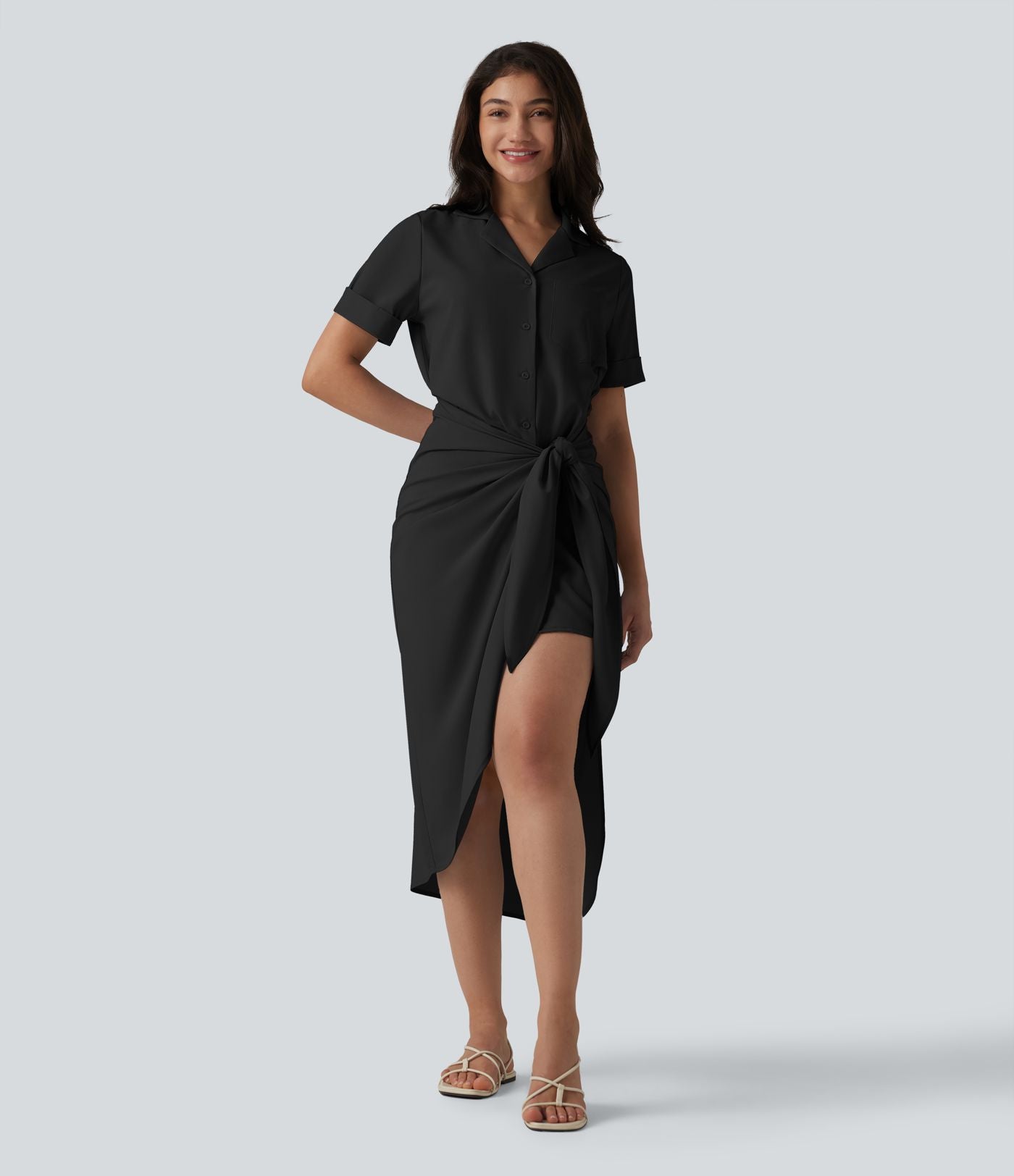 Robe-chemise casual midi en mousseline infroissable manches courtes portefeuille avec nœud frontal et poche