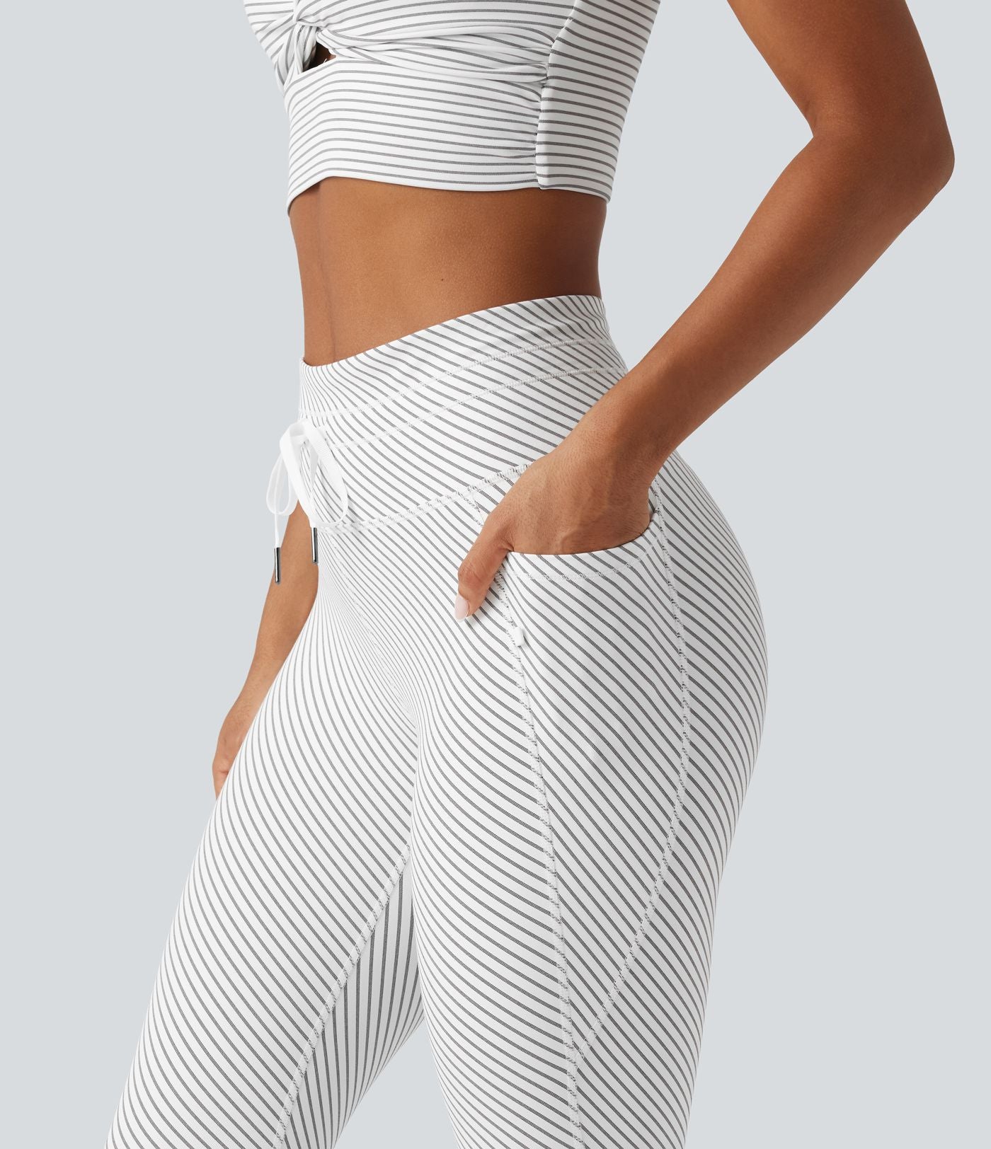 Legging de yoga taille haute en sergé rayé avec cordon de serrage et poches