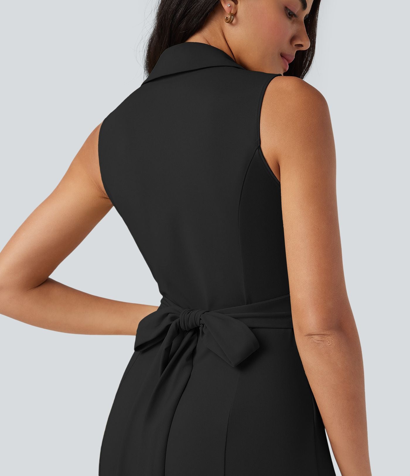 Robe mi-longue tailleur col V liens dans le dos sans manches