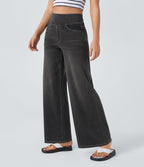 Halara Flex™ Jean Large Casual Taille Haute Poches Multiples Tricot Extensible Délavé