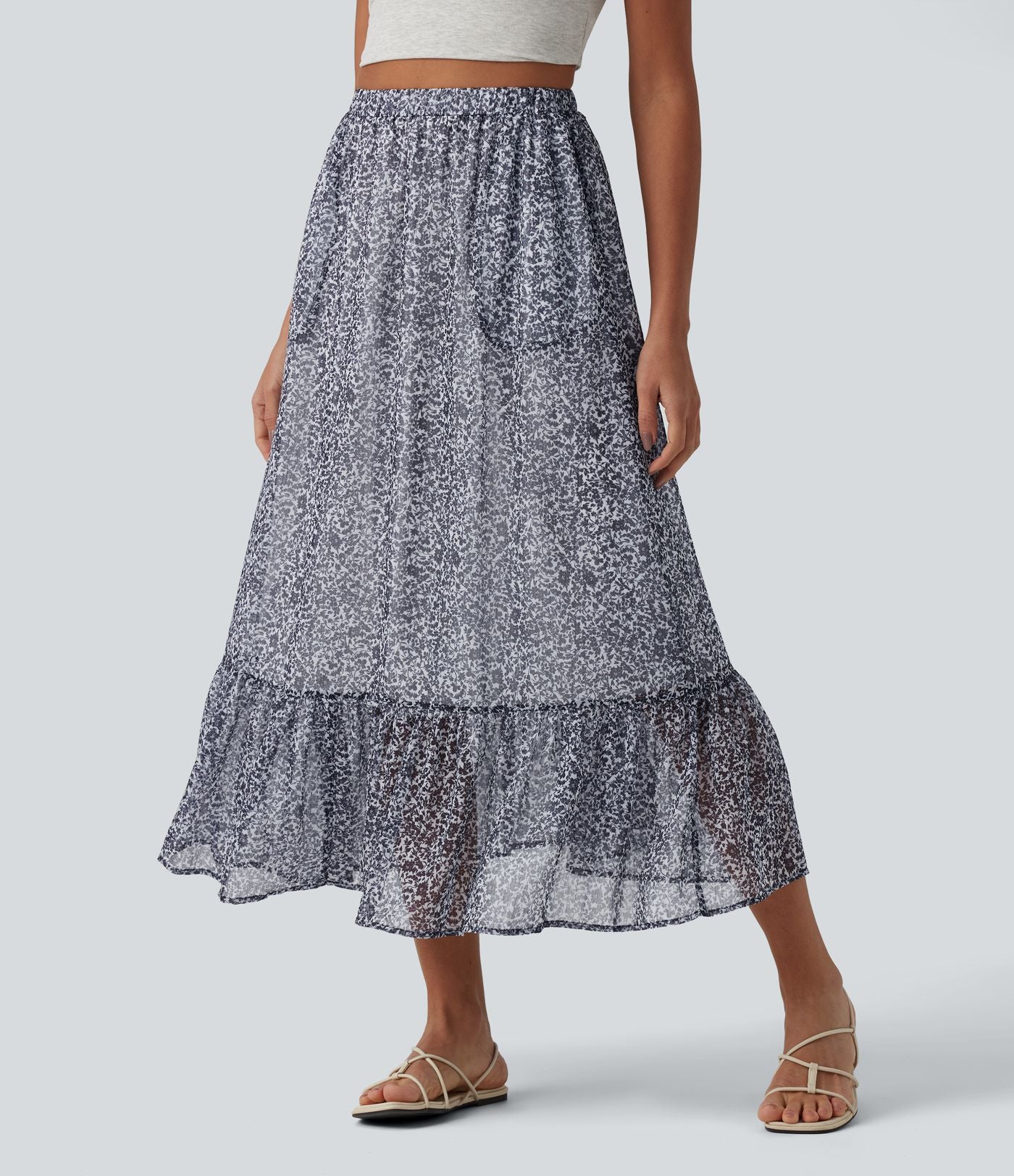 Jupe mi-longue fluide casual imprimé floral taille haute avec poches