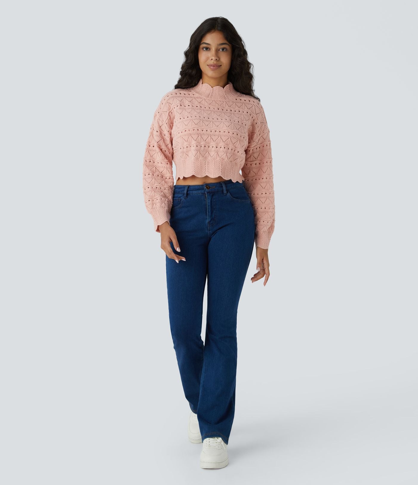 Pull décontracté à col montant, manches évêque, ourlet festonné et maille ajourée