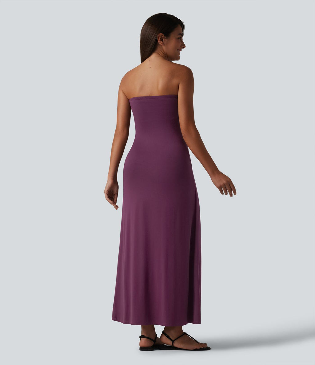 Robe longue casual bustier froncée avec brassière intégrée et poches