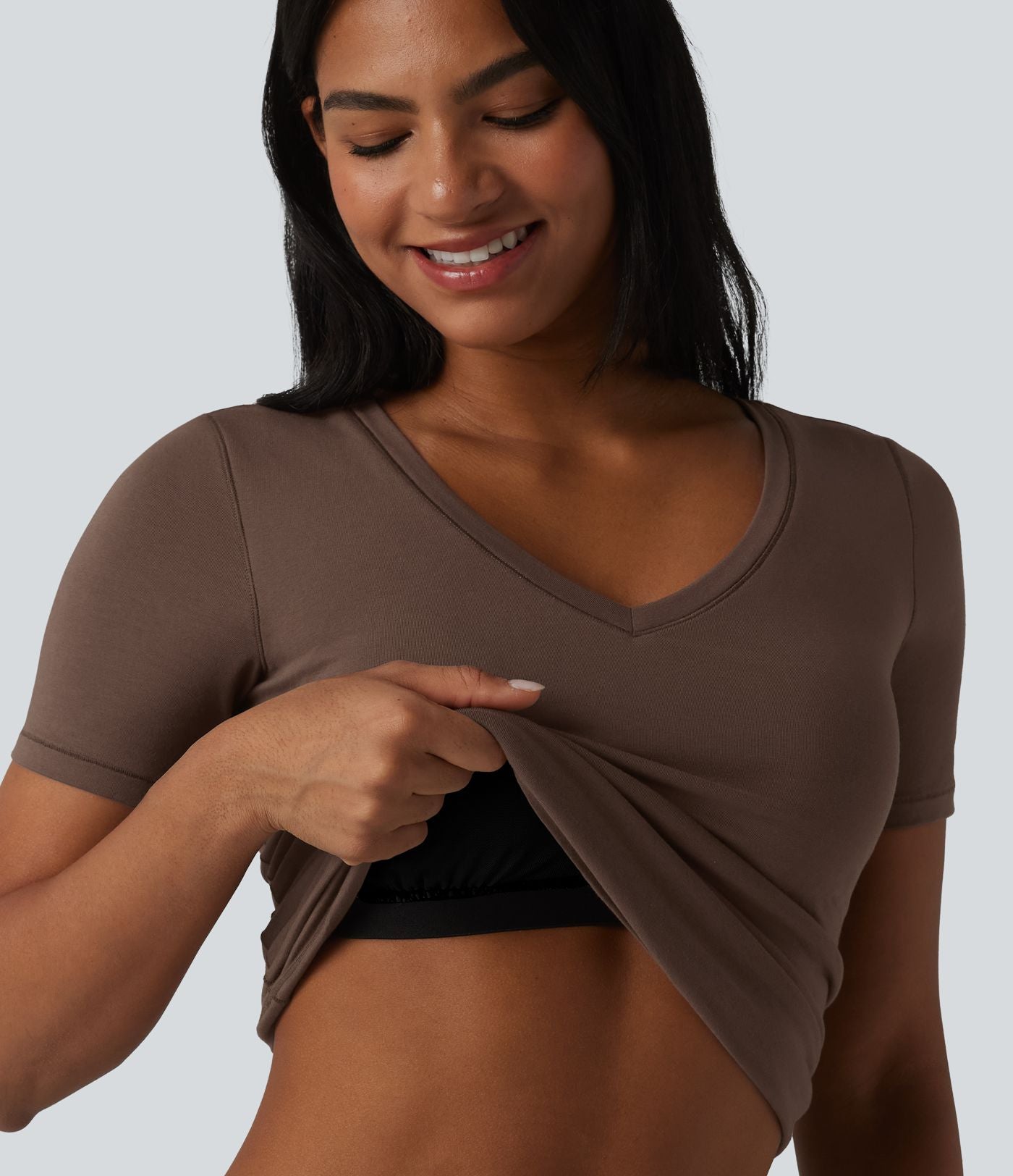 Halara T-shirt décontracté en jersey de coton col V manches courtes avec soutien-gorge intégré bonnets B-DD