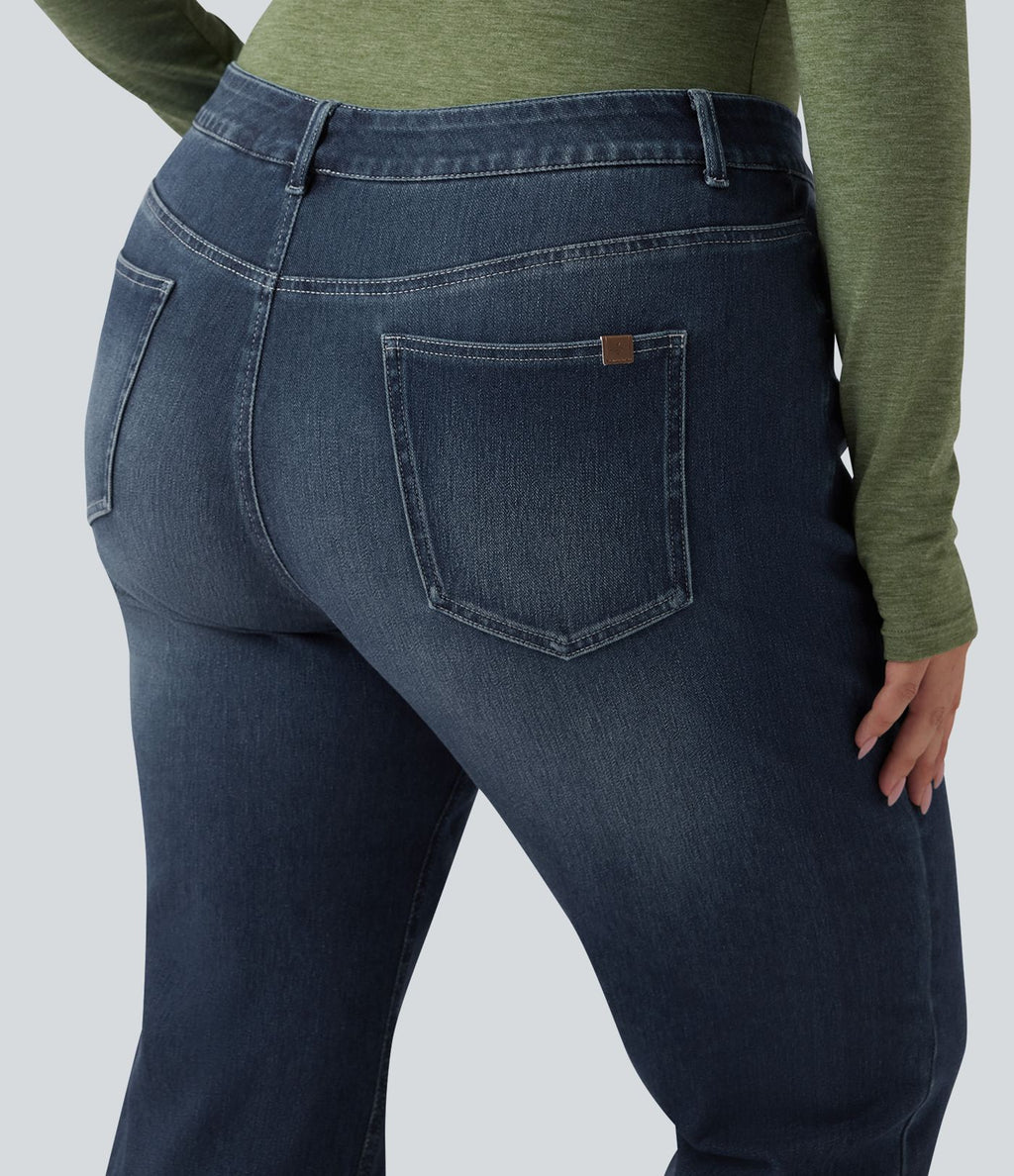 Jean décontracté grande taille évasé taille haute Halara Flex™ effet délavé avec multiples poches