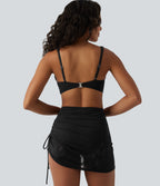 Ensemble Bikini 2-en-1 col V profond ventre plat avec détail torsadé, bretelles réglables, cordon de serrage et superposition en dentelle
