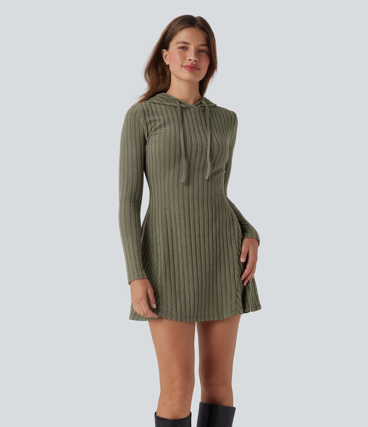 Robe décontractée mini à capuche maille côtelée manches longues avec cordon de serrage