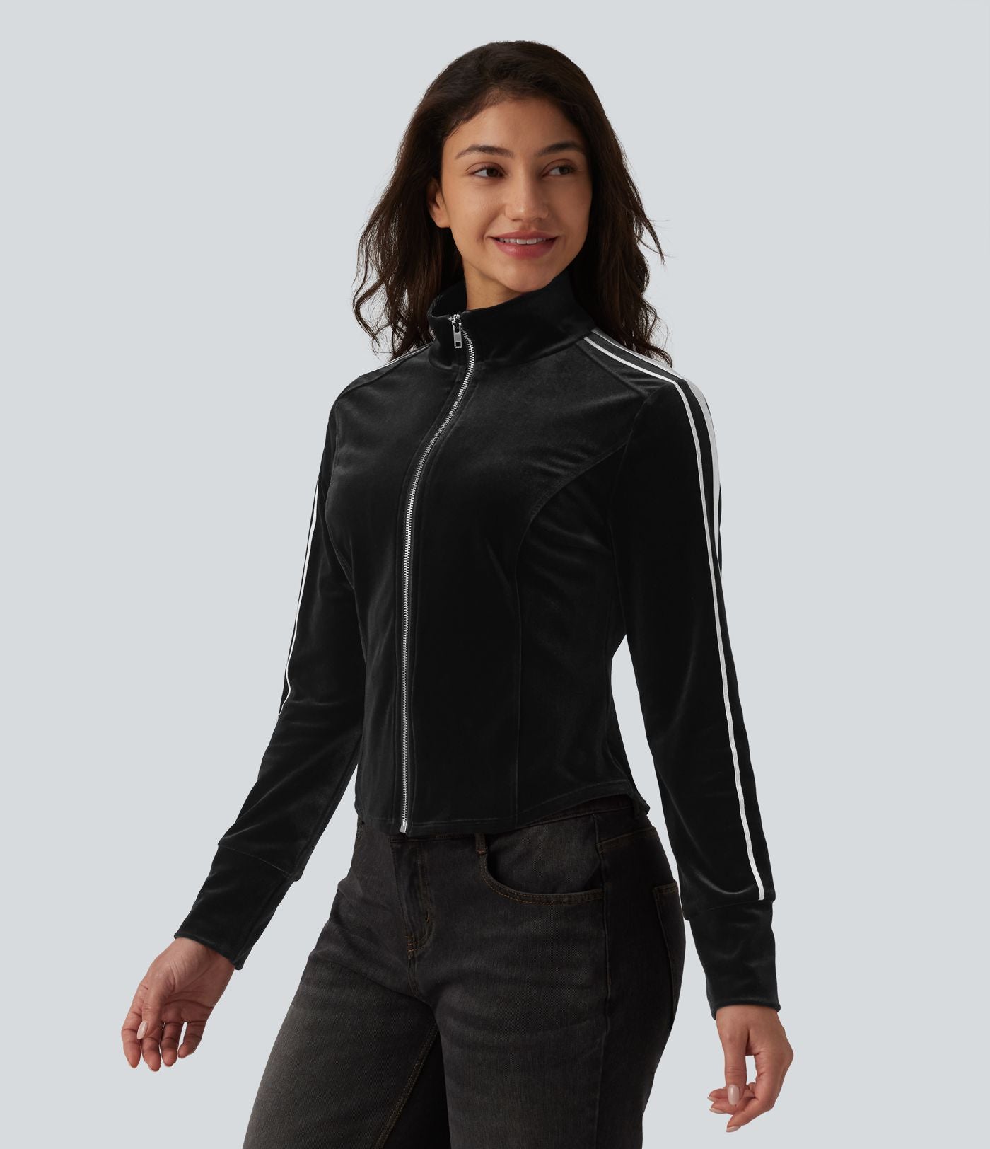 Veste casual en velours à rayures col cheminée et manches longues