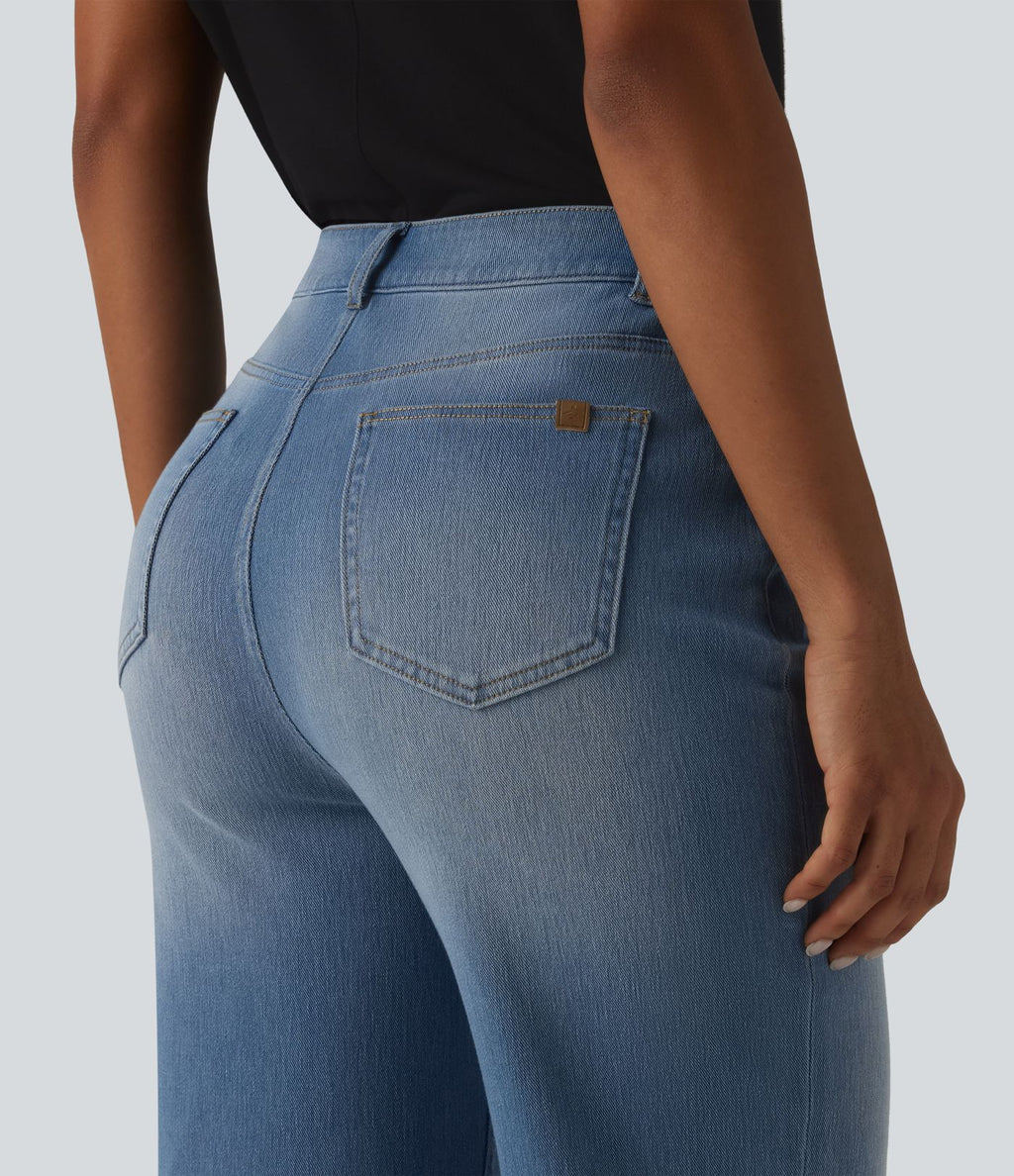 Jean coupe droite Halara Flex™ délavé décontracté, taille haute, à revers, à poches