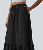 Jupe casual mi-longue évasée en popeline stretch taille haute avec cordon de serrage, ourlet volanté et poches