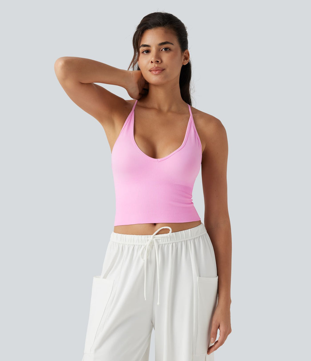 OneForm Seamless Flow Débardeur de yoga crop dos nu croisé décolleté en V profond avec soutien-gorge intégré