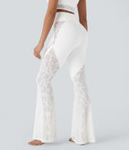 Pantalon de yoga évasé à taille haute croisée, poche arrière et dentelle