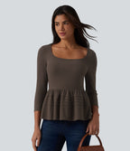 Haut babydoll décontracté en maille côtelée col en U manches 3/4