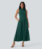 Robe longue décontractée sans manches à col montant, coupe évasée et poches latérales