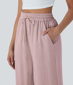 Pantalon décontracté aspect lin 7/8 à taille haute, jambe large avec cordon de serrage et poches latérales